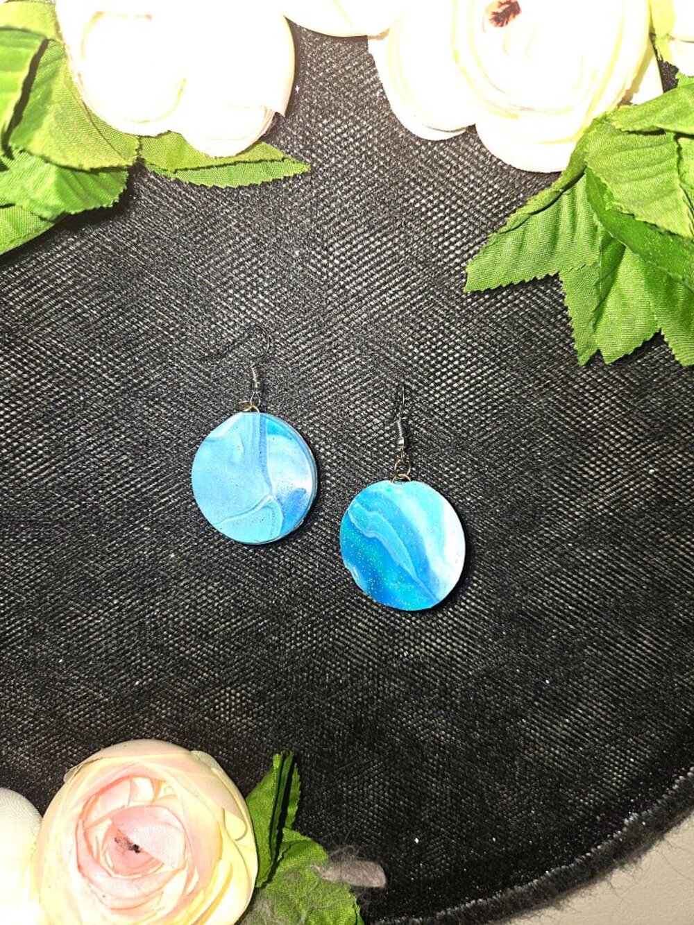 Handmade Blue Clay Dangle Earrings, Marbled Round Disc, Silver Hooks